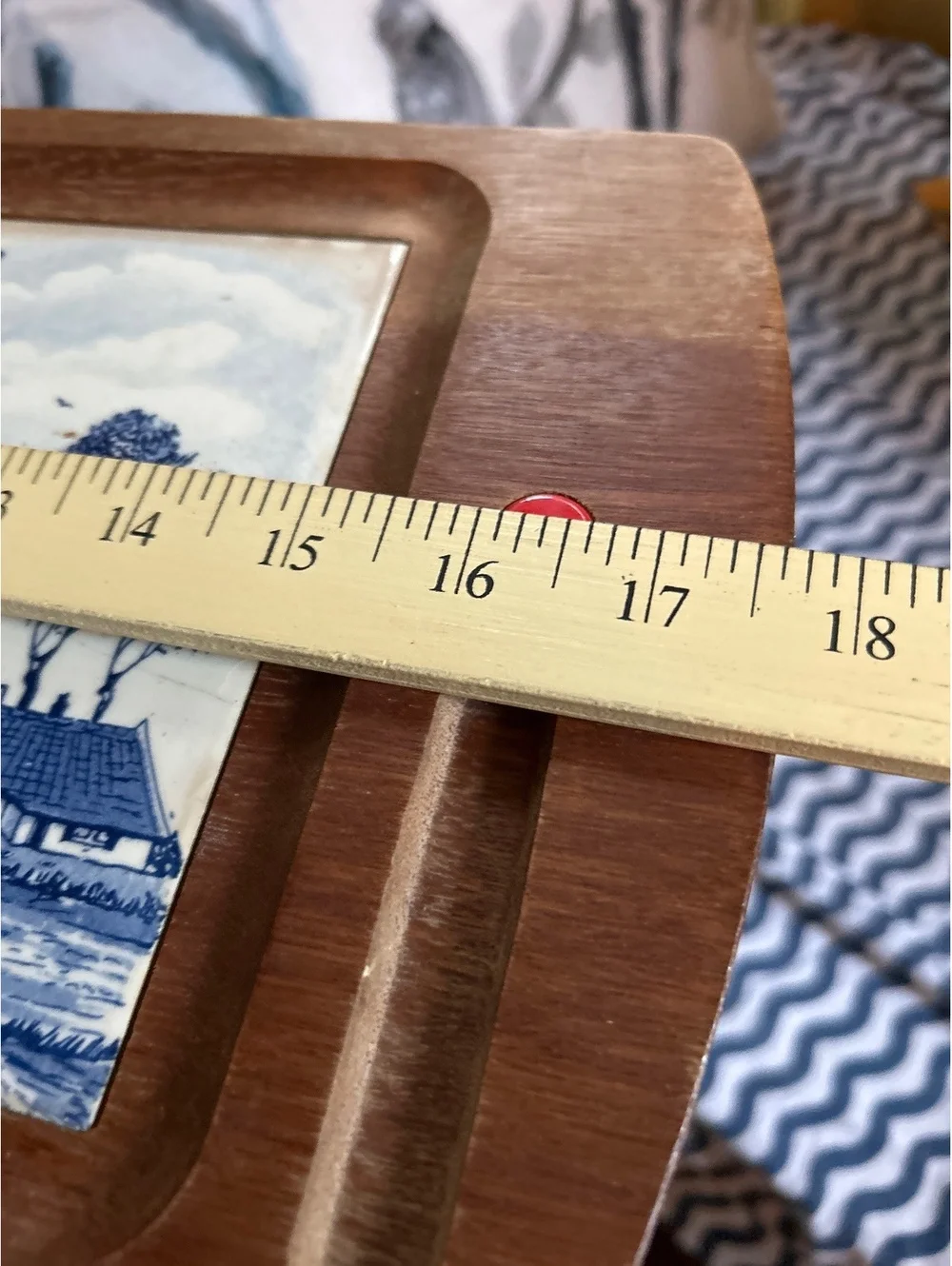 Vintage Wooden Serving Tray with Delft Blue Windmill Tile Inlay